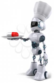 Royalty Free Clipart Image of a Robot Chef With a Pill on a Plate