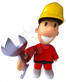 Royalty Free Clipart Image of a Man Dressed in Red Wearing a Hard Hat and Offering a Wrench