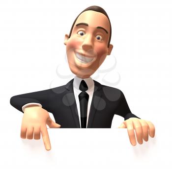 Royalty Free 3d Clipart Image of a Smiling Businessman Wearing a Suit and Pointing