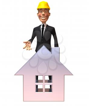 Royalty Free 3d Clipart Image of a Businessman Wearing a Hardhat Standing Behind a House