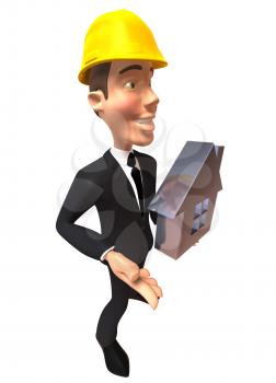 Royalty Free 3d Clipart Image of a Businessman Wearing a Hardhat and Holding a House Model