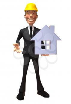 Royalty Free 3d Clipart Image of a Businessman Wearing a Hardhat and Holding a House Model