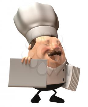 Royalty Free 3d Clipart Image of a Chef Holding an Armful of Menus