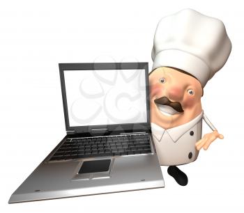 Royalty Free 3d Clipart Image of a Chef Holding a Laptop Computer