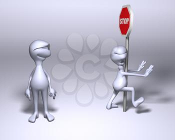 Royalty Free 3d Clipart Image of a Character Running into a Stop Sign with Another Character Looking On