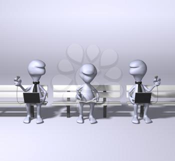 Royalty Free 3d Clipart Image of Three Characters Sitting on Benches with Laptop Computers
