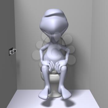Royalty Free 3d Clipart Image of a Character Sitting on a Toilet With Empty Toilet Paper Roll