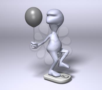 Royalty Free 3d Clipart Image of a Character Standing on One Leg on a Weight Scale Holding a Balloon