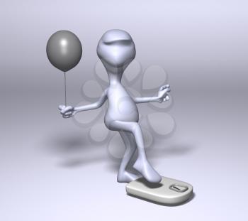 Royalty Free 3d Clipart Image of a Character About to Step on a Weight Scale Holding a Balloon