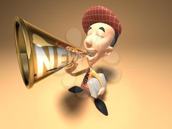 Royalty Free 3d Clipart Image of a Paperboy With an Armful of Newspapers and Talking into a Megaphone