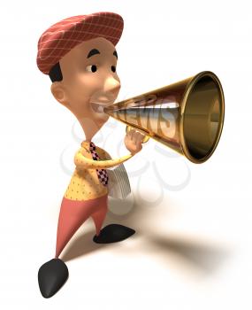 Royalty Free 3d Clipart Image of a Paperboy With an Armful of Newspapers and Talking into a Megaphone