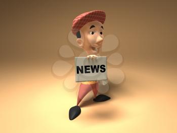 Royalty Free 3d Clipart Image of a Paperboy With an Armful of Newspapers and Talking into a Megaphone
