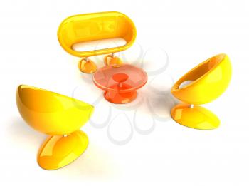 Royalty Free 3d Clipart Image of Yellow and Orange Bubble Chairs, Loveseat and Table
