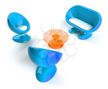 Royalty Free 3d Clipart Image of Blue Bubble Chairs and Loveseat and Orange Table
