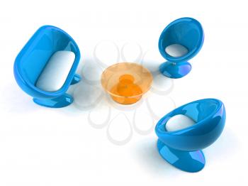 Royalty Free 3d Clipart Image of Blue Bubble Chairs and Loveseat and an Orange Table