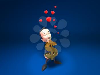 Royalty Free 3d Clipart Image of a Businessman Holding a Dollar Sign with Floating Hearts Above