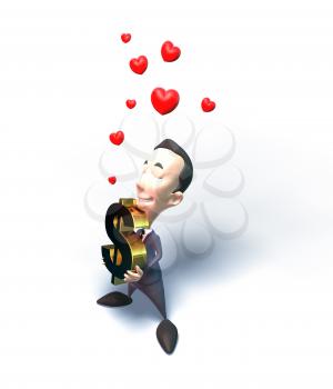 Royalty Free 3d Clipart Image of a Businessman Holding a Dollar Sign with Floating Hearts Above