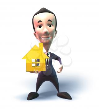 Royalty Free 3d Clipart Image of a Businessman Holding a House Model