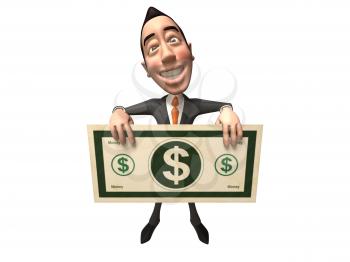 Royalty Free 3d Clipart Image of an Asian Businessman Holding a Large Dollar Bill