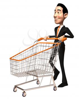 Royalty Free 3d Clipart Image of an Asian Businessman Pushing a Shopping Cart