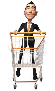 Royalty Free 3d Clipart Image of an Asian Businessman Pushing a Shopping Cart