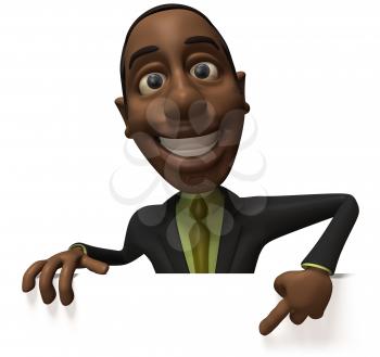 Royalty Free 3d Clipart Image of an African American Businessman Pointing at a Sign Board