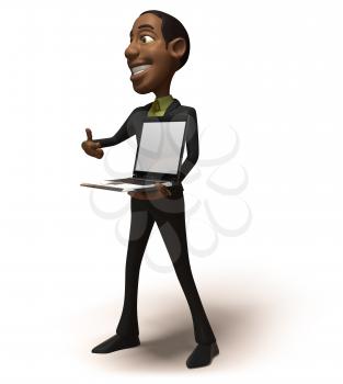 Royalty Free 3d Clipart Image of an African American Businessman Holding and Pointing to a Laptop Computer