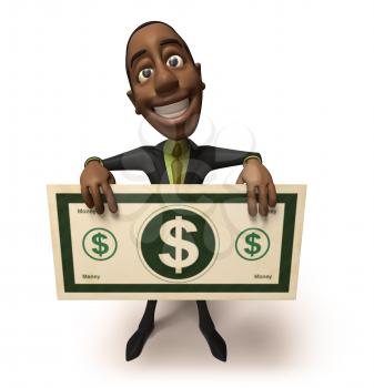 Royalty Free 3d Clipart Image of an African American Businessman Holding a Large Dollar Bill