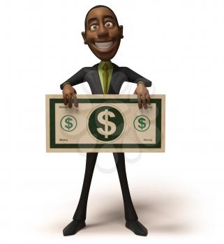 Royalty Free 3d Clipart Image of an African American Businessman Holding a Large Dollar Bill