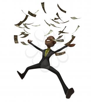 Royalty Free 3d Clipart Image of an African American Businessman Jumping With Money Raining Down Around Him