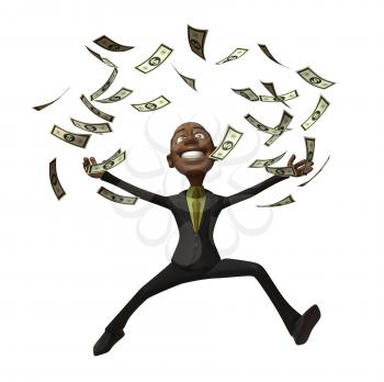 Royalty Free 3d Clipart Image of an African American Businessman Jumping With Money Raining Down Around Him