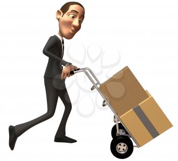 Royalty Free 3d Clipart Image of a Businessman Pushing a Dolly Cart with Cartons on it.