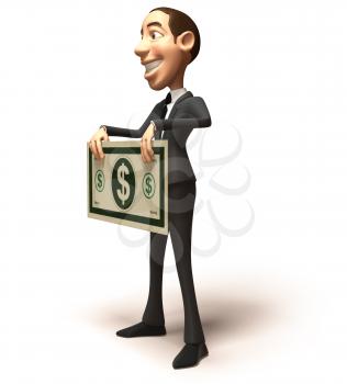 Royalty Free 3d Clipart Image of a Businessman Holding a Large Dollar Bill