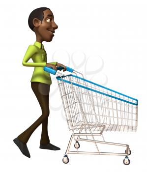 Royalty Free 3d Clipart Image of an African American Man Pushing a Shopping Cart