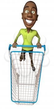 Royalty Free 3d Clipart Image of an African American Man Pushing a Shopping Cart