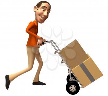 Royalty Free 3d Clipart Image of a Man Pushing a Dolly Cart with Cartons on it