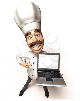 Royalty Free 3d Clipart Image of a Chef Holding a Laptop Computer