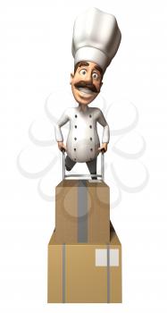 Royalty Free 3d Clipart Image of a Chef Pushing a Dolly Cart with Cartons on it