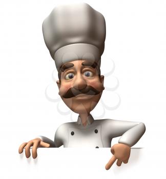 Royalty Free 3d Clipart Image of a Chef Pointing at a Sign Board