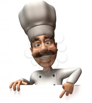 Royalty Free 3d Clipart Image of a Chef Pointing at a Sign Board