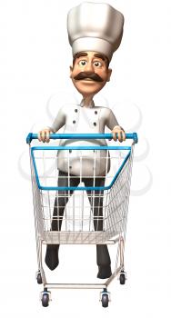 Royalty Free 3d Clipart Image of a Chef Pushing a Shopping Cart