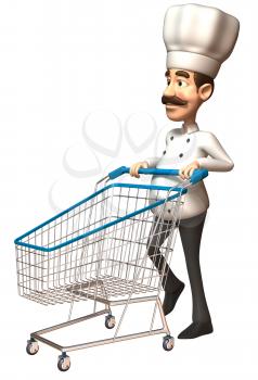 Royalty Free 3d Clipart Image of a Chef Pushing a Shopping Cart