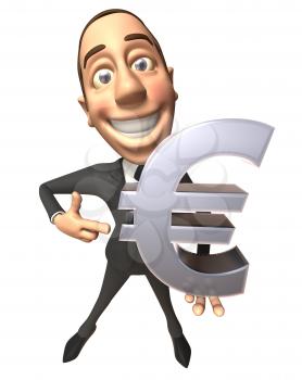 Royalty Free 3d Clipart Image of a Businessman Holding a Large Euro Currency Sign