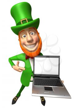 Royalty Free 3d Clipart Image of a Leprechaun Holding a Laptop Computer