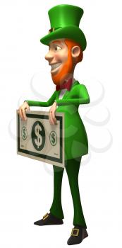 Royalty Free 3d Clipart Image of an Leprechaun Holding a Large Dollar Bill