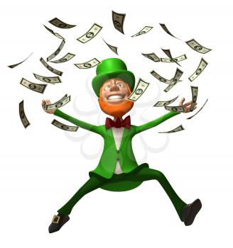 Royalty Free 3d Clipart Image of an Leprechaun Jumping in the Air with Floating Dollar Bills