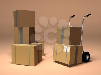 Royalty Free 3d Clipart Image of a Dolly Cart and a Stack of Boxes
