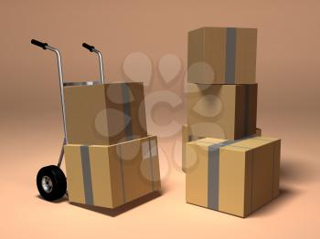 Royalty Free 3d Clipart Image of a Dolly Cart and a Stack of Boxes