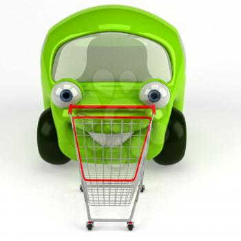 Royalty Free 3d Clipart Image of a Green Car and a Shopping Cart