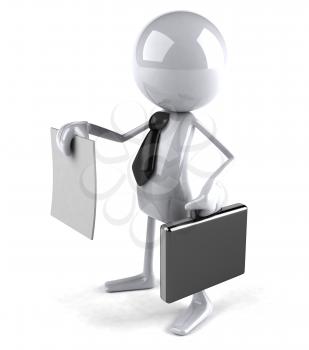 Royalty Free 3d Clipart Image of a Guy Holding a Paper Document and a Briefcase